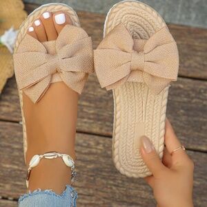 Cross-Border Plus Size 35-43 New Summer Bowknot Faux Linen Rope Sole Fashion Ver